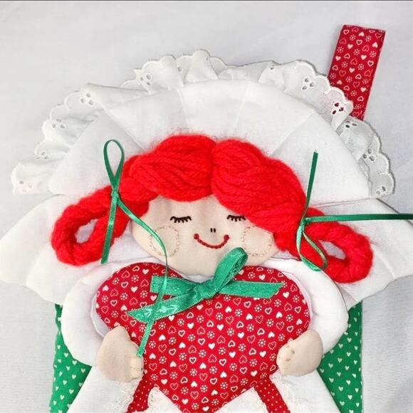 Handmade Quilted Angel Stocking Holding Heart Holiday Retro Vintage Decor - Picture 2 of 6